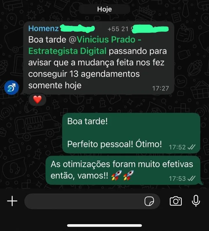 Print de conversa no WhatsApp — cliente relatando 13 agendamentos em um único dia após ajustes